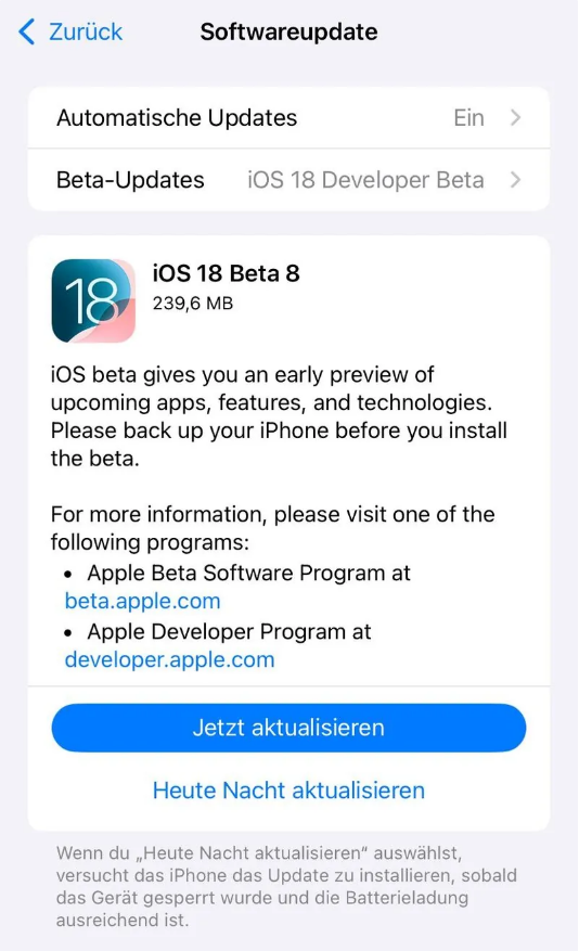 扶绥苹果手机维修分享苹果 iOS / iPadOS 18 开发者预览版 Beta 8 发布 